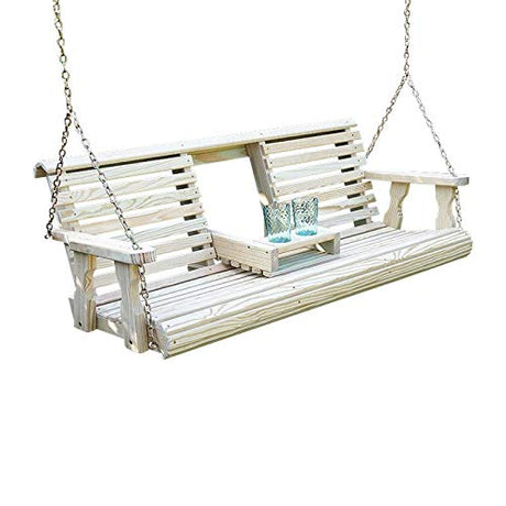 Porchgate Amish Heavy Duty Console Porch Swing with Fold Down Cup Holders in Unfinished - Amish Made in The USA from Treated Pine, Hanging Chains Included Porchgate