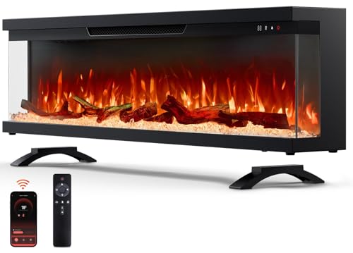 Silonn 3-Sided Smart 50" Electric Fireplace, Alexa & App Control Fireplace with 15 Flame Colors, Electric Fireplace Inserts Logs, 5110 BTU Heat Output, Realistic Flame and Sound Silonn
