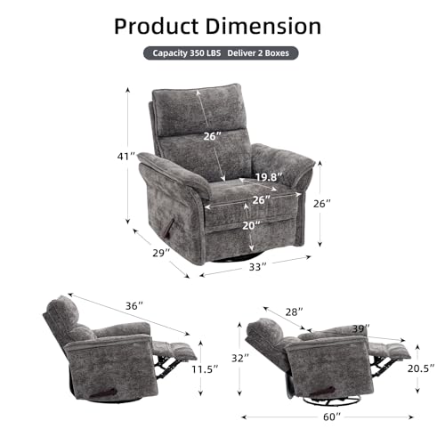 Rhevoy Oversized Glider Rocker Recliner, 26" Extra Wide 360° Swivel Nursery Recliner with Adjustable Headrest, Chenille Rocking Nursery Chair with Overstuffed Armrest, Lumbar Support, Dark Grey
