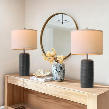 PoKat 23" Matte-Textured Ceramic Table Lamps Set of 2 for Bedroom, Stone-Like Modern Bedside Lamps for Night Stands, Farmhouse Nightstand Table Lamps Decor for Living Room End Table Black PoKat