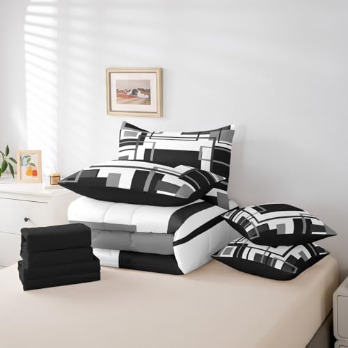 Erosebridal 7Pcs Black and White King Comforter Set for Minimalist,Black Gray Modern Geometric Bed in A Bag,Abstract Geometric Modern Bedding with Bed Sheets,Mid Century Modern Fashion Quilt Erosebridal