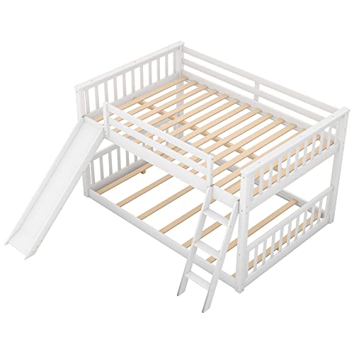 Harper & Bright Designs Floor Low Bunk Bed Full Over Full with Slide and Ladder, Solid Wood Bunk Beds Frame for Saving Space, White Harper & Bright Designs