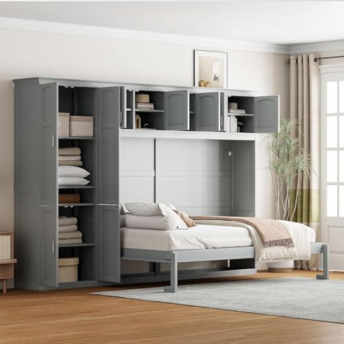 Virubi Queen Horizontal Murphy Bed Cabinet with Storage Cabinet,Wood Folding Murphy Wall Bed for Adult (Grey) Virubi