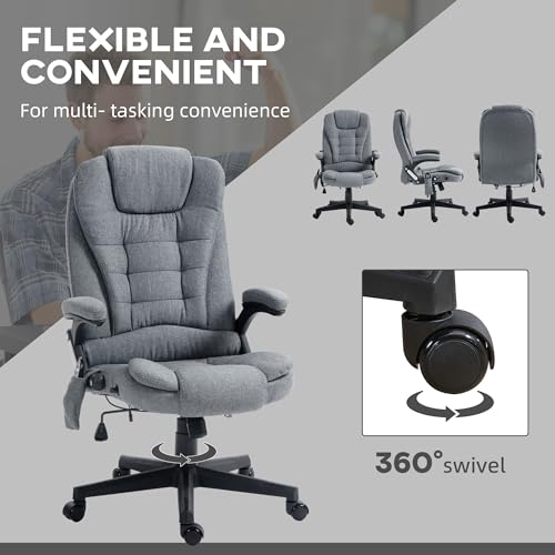 Vinsetto 6 Point Vibrating Massage Office Chair with Heat, Linen High Back Executive Office Chair with Reclining Backrest, Padded Armrests and Remote, Gray HOMCOM
