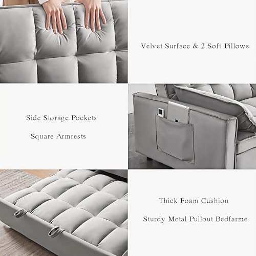 Anwick Modern Sleeper Sofa Bed,3-in-1 Convertible Pull Out Couch Bed Futon Sofa w/Reclining Adjustable Backrests,Pillows,55''Velvet Loveseat Sofa for Compact Home Bedroom Office (Grey, 55'') Anwick