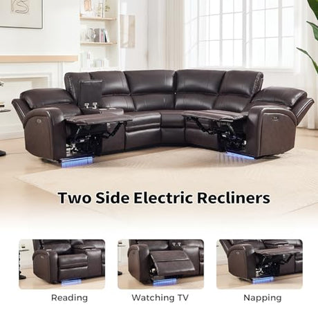 EBELLO Power Reclining Sectional Sofa with LED Light, Faux Leather Sectional Couch for Living Room, Modern Corner Furniture Sets with 2 Recliner Seats, Cup Holders, Storage Console, Brown EBELLO