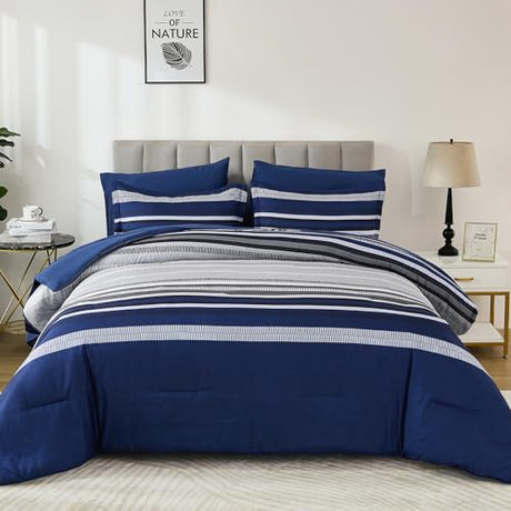Dobuyly Navy Blue Queen Comforter Set 7 Pieces, Boho Striped Bed in a Bag Queen Size Soft Microfiber All Season Bedding Set with Comforter, Sheets, Pillowcases & Shams Dobuyly
