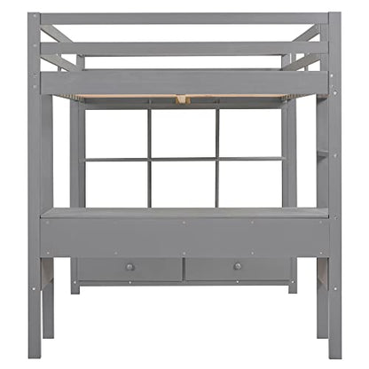 BOVZA Full Size Gray Wooden Loft Bed with Built-in Desk, Drawers, and Shelves