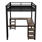 Sailret Full Metal Loft Bed with L-Shaped Desk and Shelves, Full Bed Frame with Ladder and Full-Length Guardrails, Space-Saving Bed for Bedroom, Black with Vintage Wood Desk Sailret
