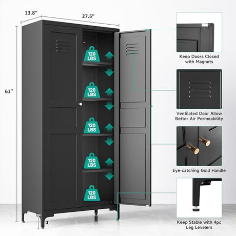 Metal Storage Cabinet with Doors and Shelves,Metal Pantry Cabinet,Black Craft Storage Cabinet,Ventilated Pantry Storage Cabinet,Tall Large Closet Cupboard for Home,Kitchen,Dining/Living/Laundry Room SISESOL
