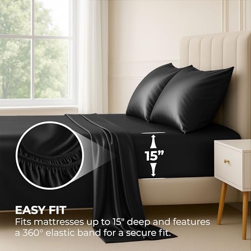 Pure Bedding Satin Sheets Queen [4-Piece, Black] Hotel Luxury Silky Bed Sheets - Extra Soft 1800 Microfiber Sheet Set, Wrinkle, Fade, Deep Pocket Fitted Sheet, Flat Sheet, Pillow Cases Pure Bedding