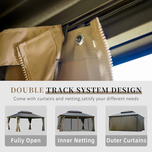 Domi Hardtop Gazebo 12x16FT, Outdoor Gazebo with Galvanized Steel Double Roof, Aluminum Frame, Built-in Gutter System, Curtain and Netting, Metal Gazebo Pavilion for Patio Deck Garden, Brown domi outdoor living