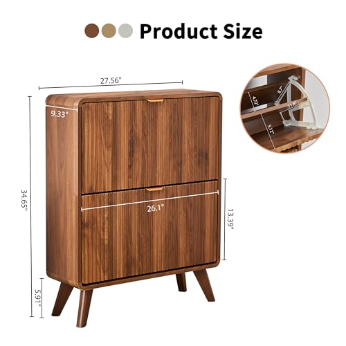 RARZOE Fluted Shoe Storage Cabinet with 2 Flip Drawers, Narrow Curved Shoe Cabinet for Entryway, Freestanding Wood Hidden Shoe Organizer Closed Shoe Rack Cabinet for Foyer, Hallway (27.5''Walnut) RARZOE