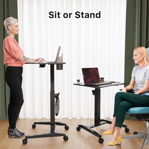 Gibbon Mounts Mobile Standing Desk, Height Adjustable Rolling Laptop Desk with Cup Holder, 27 inches Portable Sit Stand Desk with Wheels and Hook, Pneumatic Computer Table, Black Gibbon Mounts