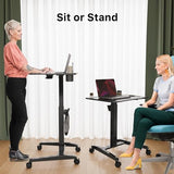 Gibbon Mounts Mobile Standing Desk, Height Adjustable Rolling Laptop Desk with Cup Holder, 27 inches Portable Sit Stand Desk with Wheels and Hook, Pneumatic Computer Table, Black Gibbon Mounts