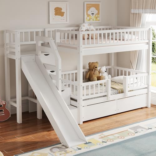 Merax Bunk Bed Twin Size with Drawers, Slide and Storage Stairs, Solid Wood Bunk Bed Frame with Fence for Kids Teens, No Spring Box Required, No Squeaks,White Merax