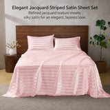 BEDELITE Satin Sheets Queen Size, Luxury Jacquard Striped Pink Bedsheets Set with Elastic Corner Straps, Similar to Silk Sheets Set 4 PC with 1 Deep Pocket Fitted Sheet, 1 Flat Sheet, & 2 Pillowcases BEDELITE
