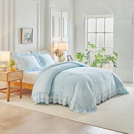 Joyreap Queen Size Comforter Set Blue, 3pcs Lace Ruffled Bedding Comforter Set, Microfiber Vintage Boho Chic Bedding Set for All Season- 88x88 inches Joyreap