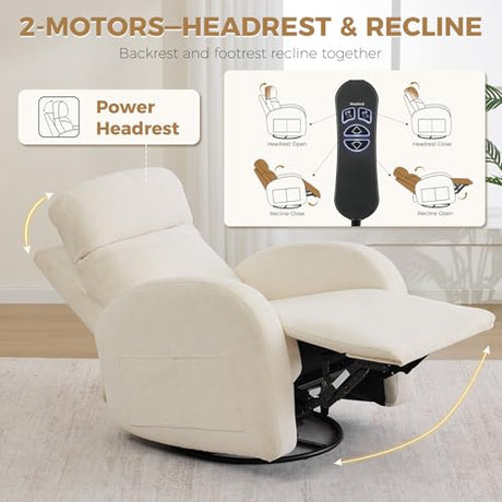 Dual Motors Power Recliner with Adjustable Headrest, Electric Swivel Rocker Recliner for Nursery, Glider Reclining Rocking Nursery Chairs for Small Space, Living Room, Bedroom, Chenille Cream White AEMEIOS