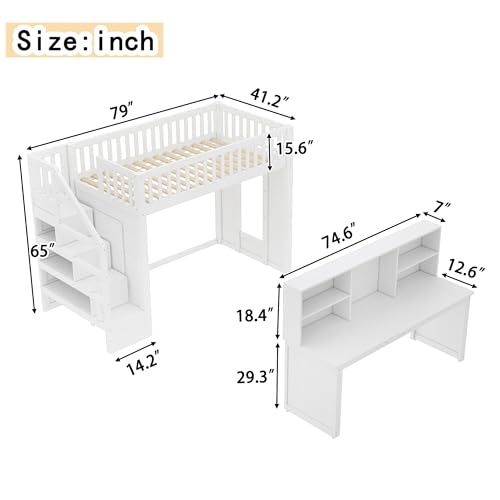 Bellemave Twin Loft Bed with Stairs and Movable Desk and Shelves, Wood Loft Bed with Storage Stairs for Kids, Teens, Adults, White Bellemave