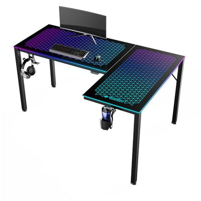 EUREKA ERGONOMIC RGB LED Lights 60 Inch L Shaped Reversible Black Glass Gaming Desk Home Office Computer Table GTG L60