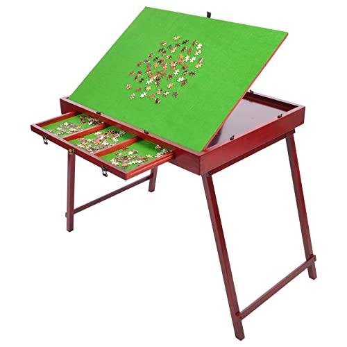 Kcelarec Wooden Jigsaw Puzzle Table with Drawers and Legs for Adults, Tilting Green Board for Games, Gift for Puzzle Amateur, Solid Wood Folding Tilting Table for 1000 Pieces Puzzles - WoodArtSupply