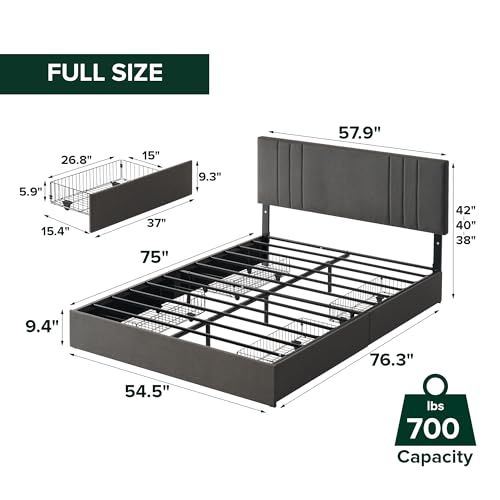 Zinus Billie Platform Bed Frame, Four Underbed Storage Drawers, Height Adjustable Headboard, Upholstered Style, Full Zinus