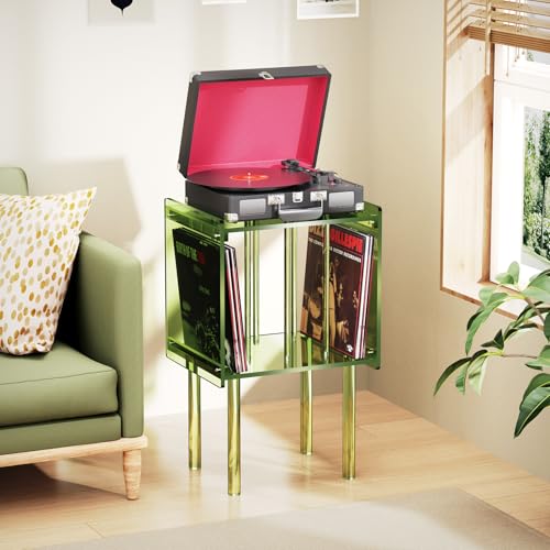 solaround Acrylic Record Player Stand, with Vinyl Storage, Clear Acrylic Side Table, (Green) solaround