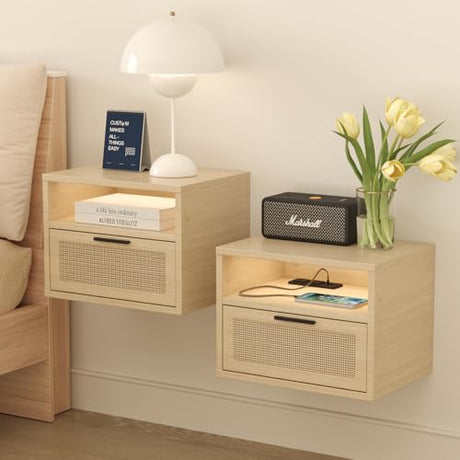 iyrany Floating Nightstand Set of 2 with Charging Station, USB Ports & Outlets, Wall Mounted Nightstands with Drawer and LED Light Strip, Small Oak Rattan Bedside Shelves iyrany