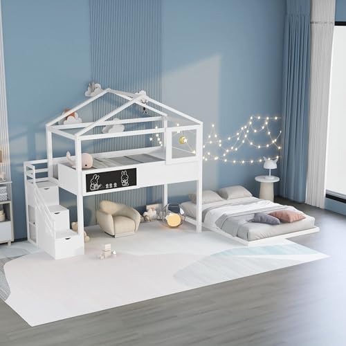 Merax Wood Twin Over Full House Bunk Bed with Ladder, Solid Pine Wood Bunk Bed Frame with Safety Guardrails, House Bunk Bed Frame for Home Merax