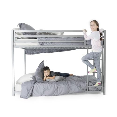 DHP Miles Low Metal Bunk Bed Frame for Kids, With Built-in Ladder, High Guardrail and Metal Slats, Floor Bed Bottom Bunk, No Boxspring Required, For Small Spaces, Full-Over-Full, Blue DHP