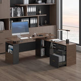 JOMEED 63" L Shaped Electric Standing Desk with Storage, Executive Adjustable Height with Power Outlets and Privacy Panel,Brown and Black JOMEED