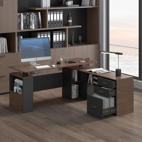 JOMEED 63" L Shaped Electric Standing Desk with Storage, Executive Adjustable Height with Power Outlets and Privacy Panel,Brown and Black JOMEED