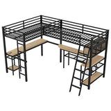 Harper & Bright Designs Double Loft Bed Twin Size with Desk and Shelves for Storage, Heavy Duty Metal Loft Bed Frame with LED and Charging Stations, Black Harper & Bright Designs