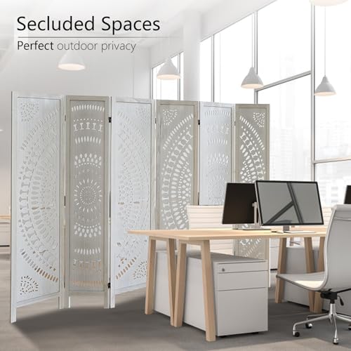Asnefeli 6 Panel Room Divider, Wood Carved Room Divider and Privacy Screen, Folding Room Partition Screen for Room Separation Home Bedroom Office Restaurant Portable Freestanding (Retro White) Asnefeli