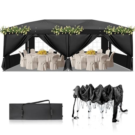 Outvita 10x20ft Pop Up Canopy Tent, Outdoor Instant Shelter Folding Canopy with 6 Side Walls and Carry Bag for Commercial Events, Party, Backyard BBQ, Camping Black Outvita