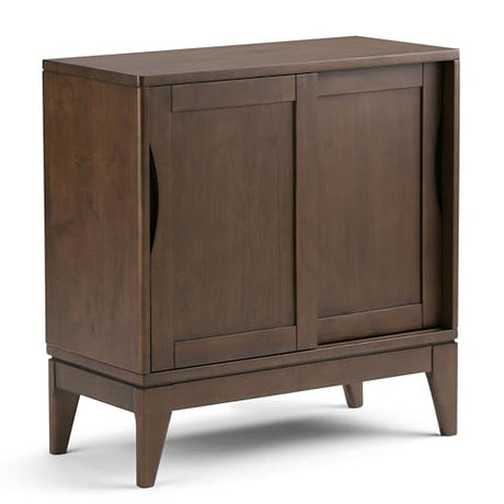 SIMPLIHOME Harper SOLID WOOD 30 inch Wide Mid Century Modern Low Storage Cabinet in Walnut Brown, with Large Space Behind 2 Sliding Notched Handle SIMPLIHOME