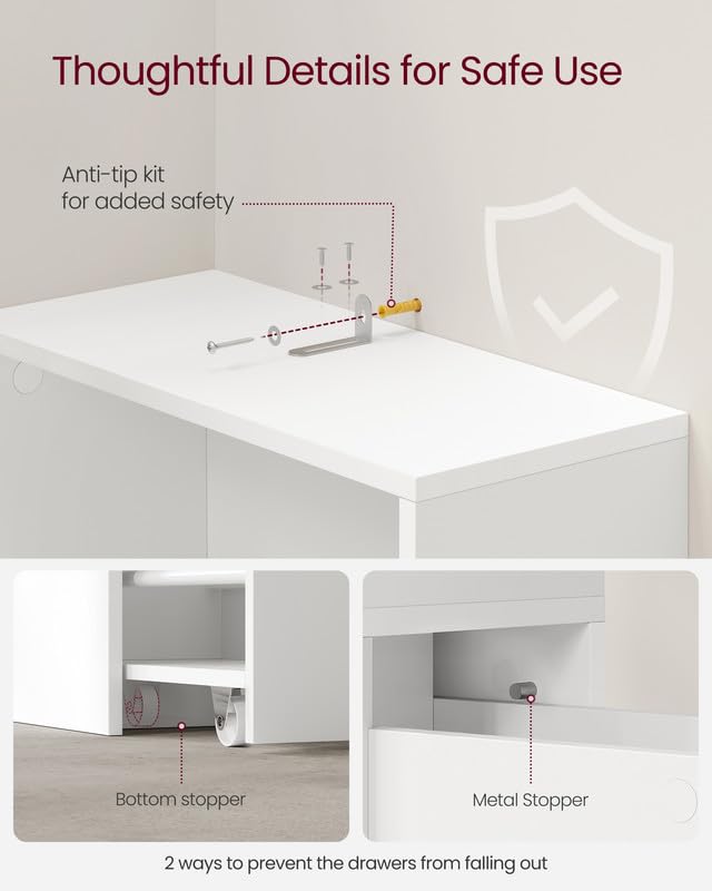 VASAGLE Slim Storage Cabinet, Narrow Freestanding Cabinet with Drawers and Adjustable Shelf, Modern Linen Tower for Living Room Bathroom Bedroom, White UBBK567T14 VASAGLE