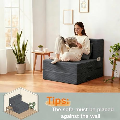 HILERO Folding Sofa Bed, 4 in 1 Convertible Sleeper Chair with Pillow, Single Memory Foam Fold Out Chair Bed, Modern Floor Futon Sofa Couch Mattress for Living Room/Guest/Apartment, Dark Grey HILERO