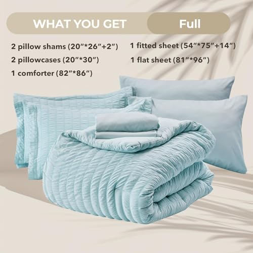 HYMOKEGE Lake Blue Full Size Comforter Sets Seersucker 7 Pieces, All Season Luxury Bed in a Bag for Bedroom, Bedding Set with Comforters, Sheets, Pillowcases & Shams HYMOKEGE