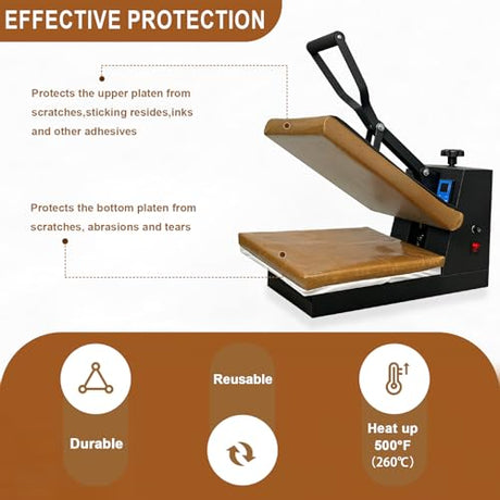 Heat Press Covers 15x15 Inch 2 Piece Set for Top and Bottom Platens | Reusable Teflon Material Heat Press Protective Covers for Sublimation, DTF and Heat Press Transfers EAOENLS