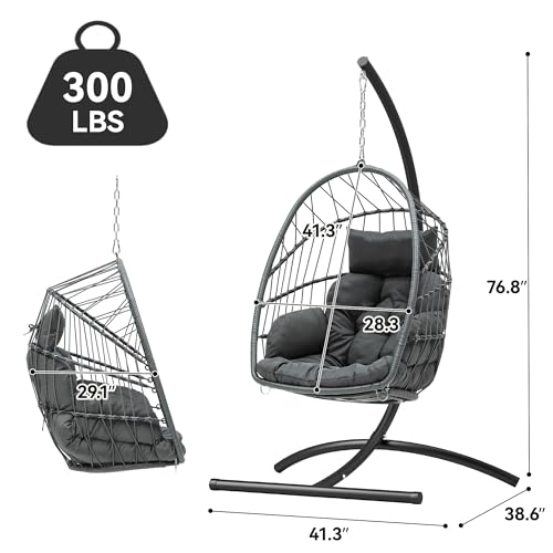 YITAHOME Hanging Egg Chair, Outdoor Patio Wicker Hammock Egg Chair Indoor with Cushion, Rattan Swing Chair 300lbs for Balcony, Garden Bedroom, Gray with Stand YITAHOME