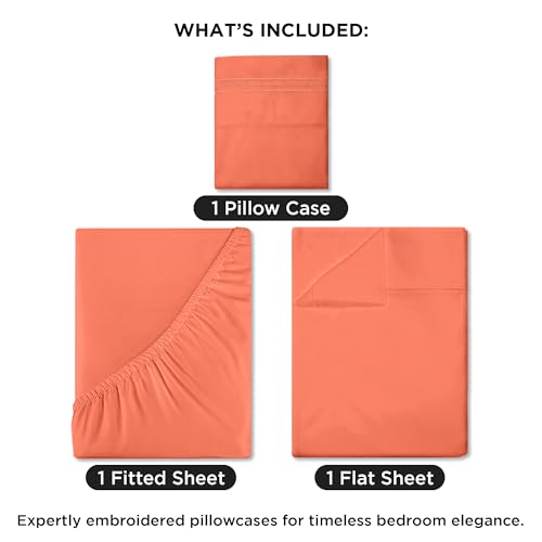 ROYALE LINENS 3 Piece Twin Sheets Set - Soft Brushed 1800 Microfiber Bedding - 1 Fitted and 1 Flat Sheet, 1 Pillow case - Wrinkle Free & Fade Resistant - Hotel Luxury Bed Sheets Set (Coral, Twin) ROYALE LINENS