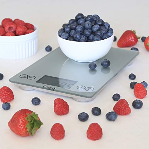Escali Arti Glass Food Scale Digital Countertop Kitchen, Baking and Cooking Scale with Nutrition and Calorie Counter, 15-Pound Capacity, 9" x 6.5" x .75", Shiny Silver Escali