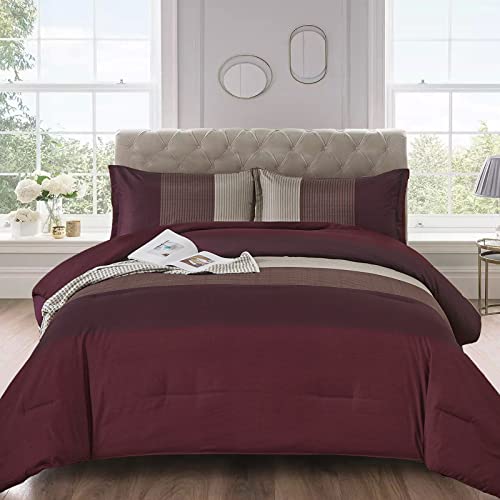 WONGS BEDDING Burgundy Comforter Set King, Reversible Burgundy Stripe Down Alternative Comforter for All Season,3 Pieces(1 Comforter+2 Pillowcases), Soft Microfiber Bedding Duvet Set 104”×90” WONGS BEDDING