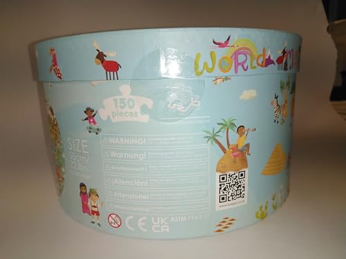 boppi World Map Round Jigsaw Puzzle with 100% Recycled Card 150 Pieces with Animals for Children 5 6 7 8 Years 58cm Diameter boppi