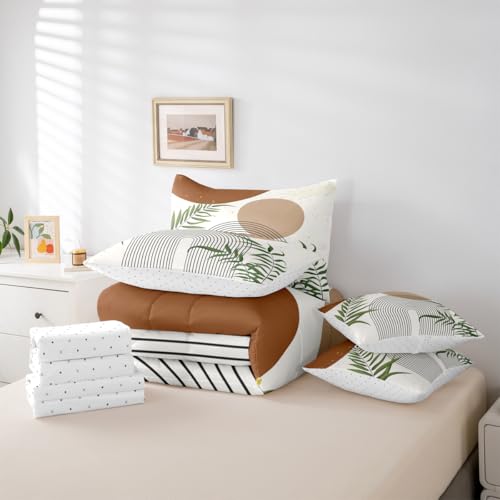 Erosebridal Boho Mid Century 7 Pcs Bedding Set Queen, Modern Bohemian Minimalist Comforter Set with Sheets, Abstract Geometric Bed in A Bag for Kids Adults, Retro Aesthetic Brown Circle Bed Sets Erosebridal