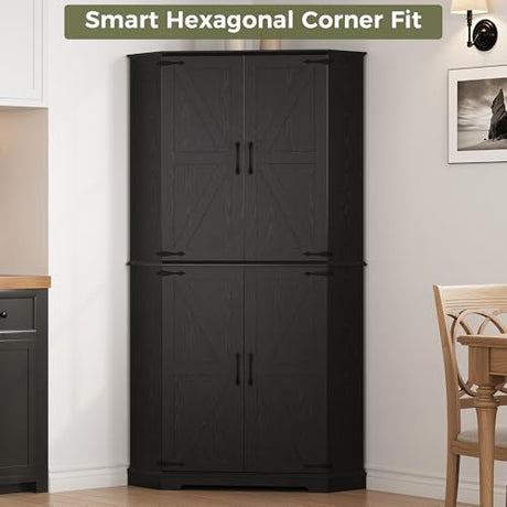 IRONCK Corner Cabinet, 72" Kitchen Pantry Cabinet, 6-Tier Freestanding Farmhouse Pantry with 2 Adjustable Shelves, 240°Swivel Doors, 2 Doors Storage, Spacious Hutch for Kitchen, Living Room, Black IRONCK