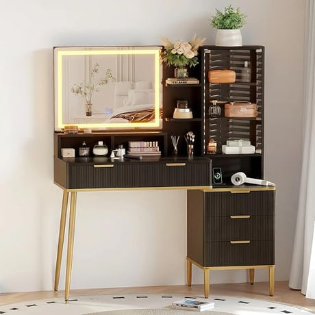 GlowSol Fluted Vanity Desk with Mirror and Lights, Makeup Vanity Desk with HD Mirror, 3 Color Adjustable Lighting, Power Outlet, 5 Drawers & Multi Shelves, Black Dressing Table for Bedroom GlowSol