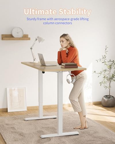 YIHAYO Electric Standing Desk, 48 x 24 Inches Stand Up Desk with Splice Board, Adjustable Height Desk, Computer Desk for Home Office, White Frame/Natural Top YIHAYO